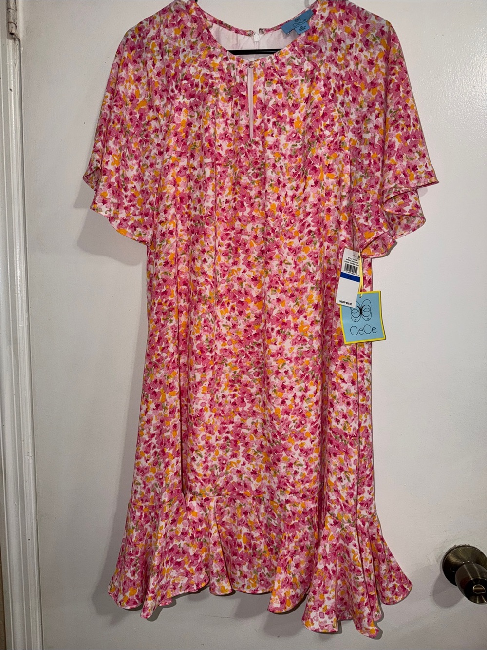 CeCe Pink & Yellow Floral Ruffle Sleeve Women’s Dress